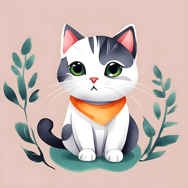 White and gray cat with green eyes Watercolor hand painted isolated illustration