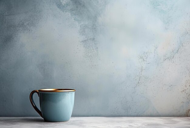 a white and gray coffee cup is sitting next to a wall in the style of dark aquamarine and bronze