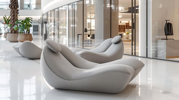 A white and gray lounge chair is placed in a mall