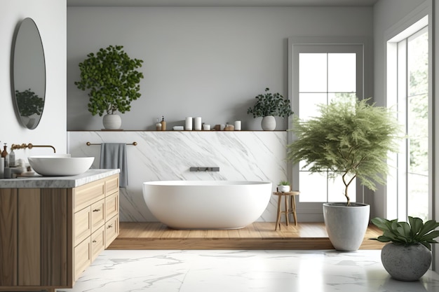 White and gray minimalist bathroom with marble tub and wooden washbasin farmhouse interior