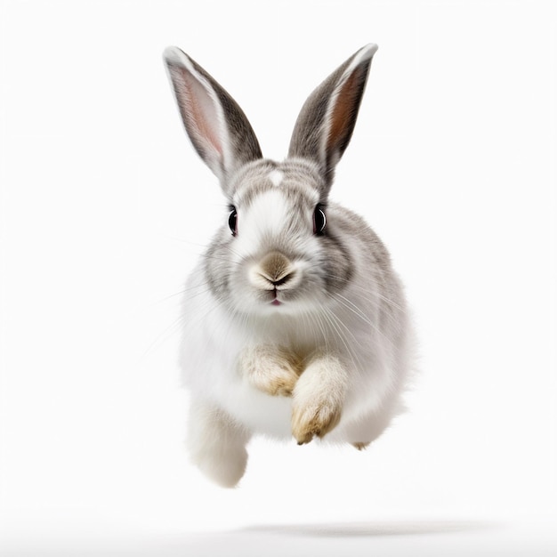 A white and gray rabbit is flying in the air.