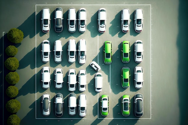 White and green cars on site aerial view car parking