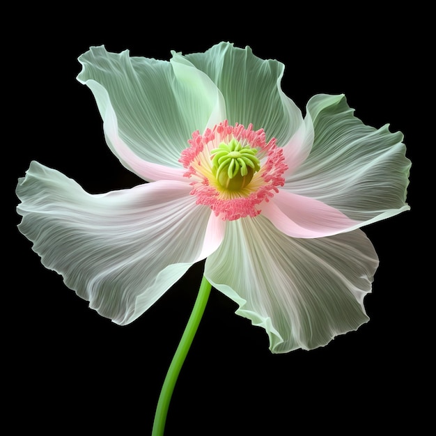 a white and green flower with a green and pink center