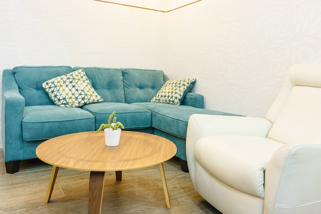 white and green living room interior with sofa
