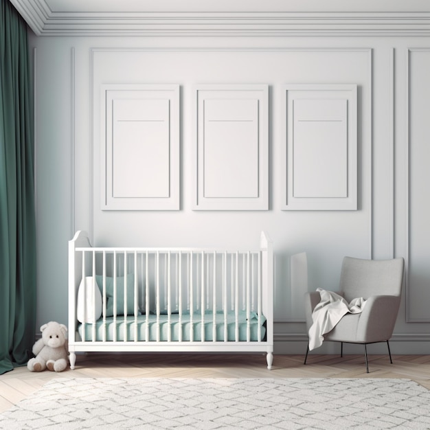 A white and green nursery with a white crib and a white chair.