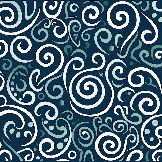 A white and green pattern on a blue background in the style of maori art