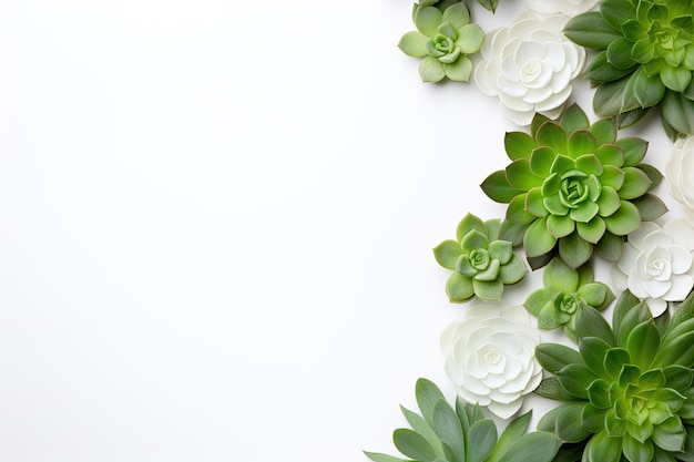 white and green succulents on a blank background with space for copy