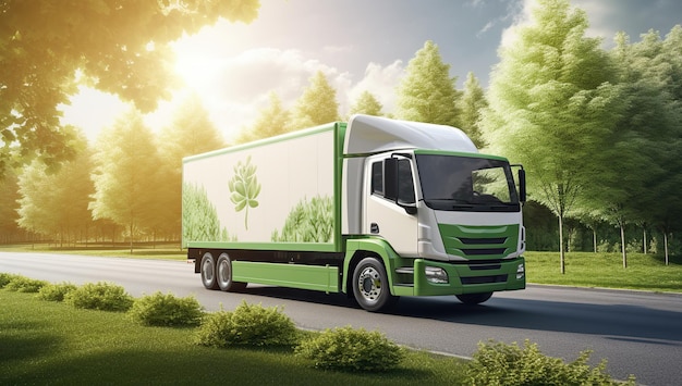 A white and green truck with a plant image on the side of the trailer is driving on a road in the forest transportation concept