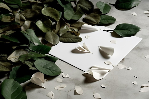 White greeting card and leaves on top of a white table in the style of earthy naturalism