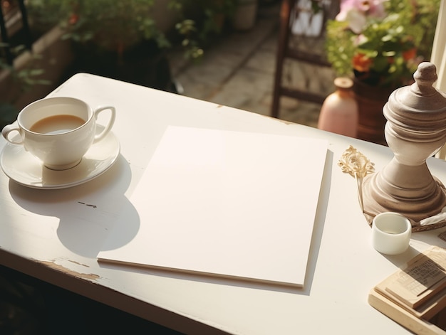 a white greeting card mockup on the table a blank paper mockup