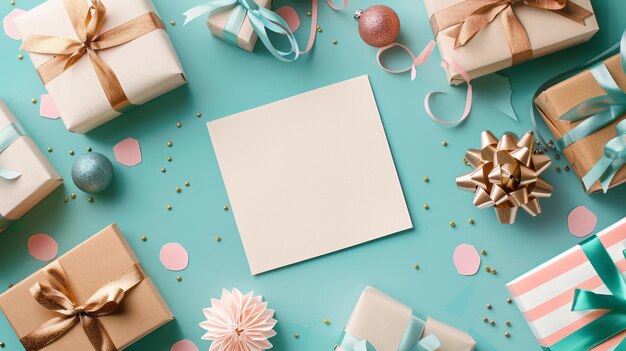 White greeting card mockup with gifts