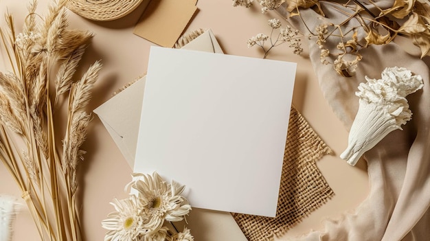 white greeting card mockup with subtle boho floral accents invitation card mockup with flowers
