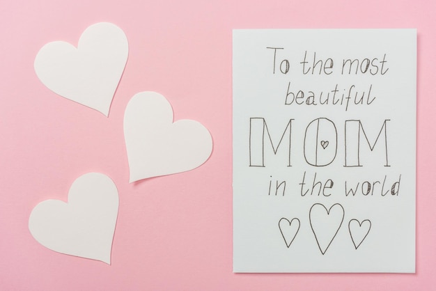 White greeting card for mothers day with 'to the most beautiful mom in the world' handwritten text