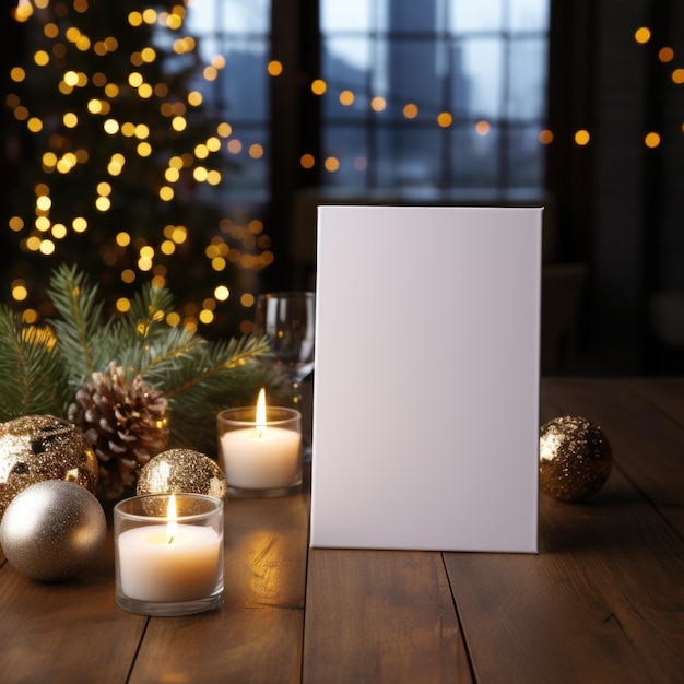 Photo white greeting card with blank front realistic on a mockup template in a wooden table in a christmas luxuty background in home inside