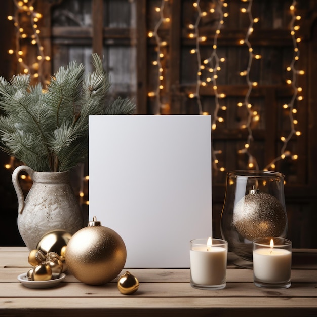 Foto cartellino di auguri bianco con fronte bianco realistico su un modello di modello in un tavolo di legno in uno sfondo di lusso natalizio in casa all'interno