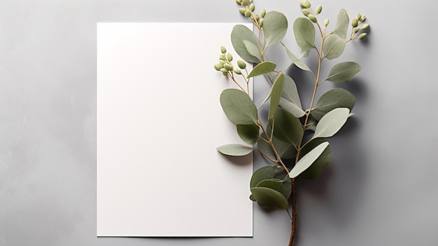 White greeting card with eucalyptus branch