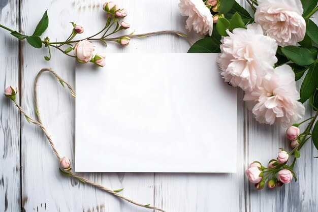 写真 飾りのすぐ上にある高角度のモックアップの花の白いグリーティングカード