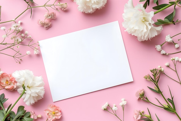 White greeting card with flowers mock up high angle view directly above decoration