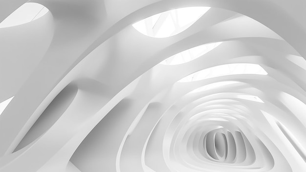 a white and grey abstract image of a curved ceiling with a window in the middle