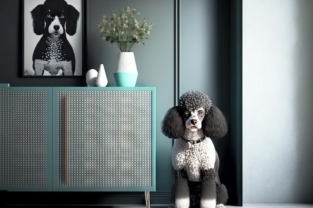 White and grey cute little poodles sitting in room