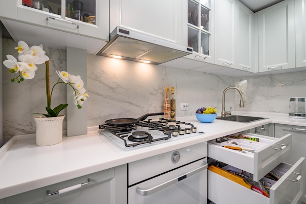 White and grey new modern well designed kitchen interior