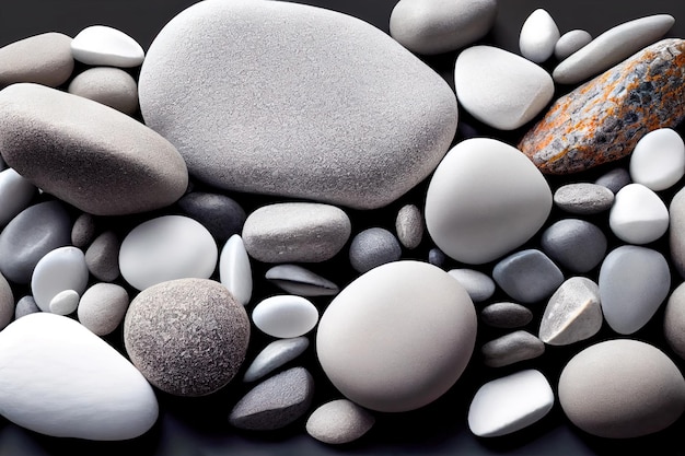 White and grey pebbles on black sand beach natural background Generative AI