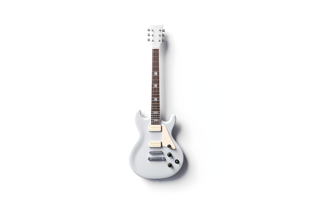 A white guitar with a black outline is on a white background.