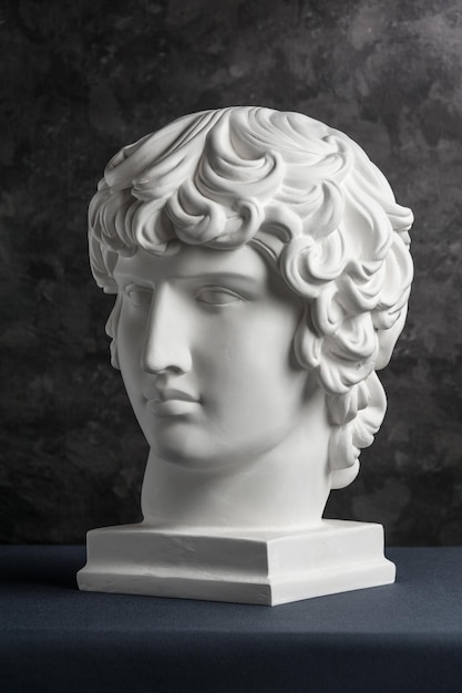 White gypsum copy of ancient statue of Antinous head for artists on a dark textured background. Plaster sculpture of man face.