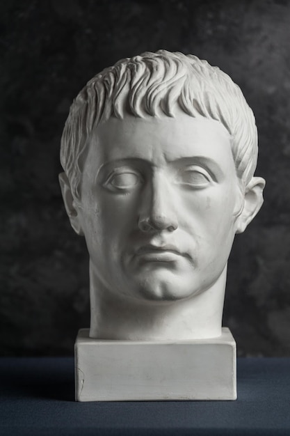 ゲルマニクスジュリアスシーザーの古代像の白い石膏のコピーは、暗いテクスチャの背景に芸術家のために向かいます。男の顔の石膏彫刻。