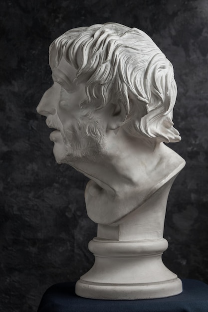 White gypsum copy of ancient statue of Lucius Seneca head for artists on a dark textured background. Seneca 4 BC-65 AD Roman stoic philosopher, statesman and tutor to the future Emperor Nero.