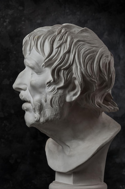 White gypsum copy of ancient statue of Lucius Seneca head for artists on a dark textured background. Seneca 4 BC-65 AD Roman stoic philosopher, statesman and tutor to the future Emperor Nero.