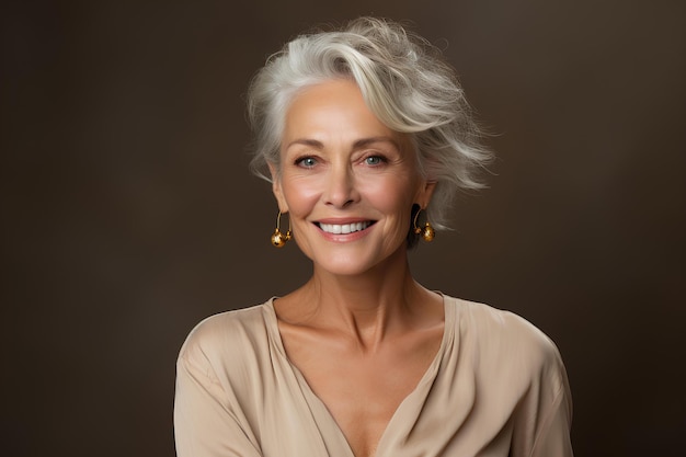 White hair senior woman with gold earrings smiling at camera