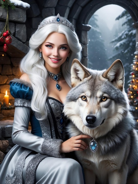 white hair woman with a wolf