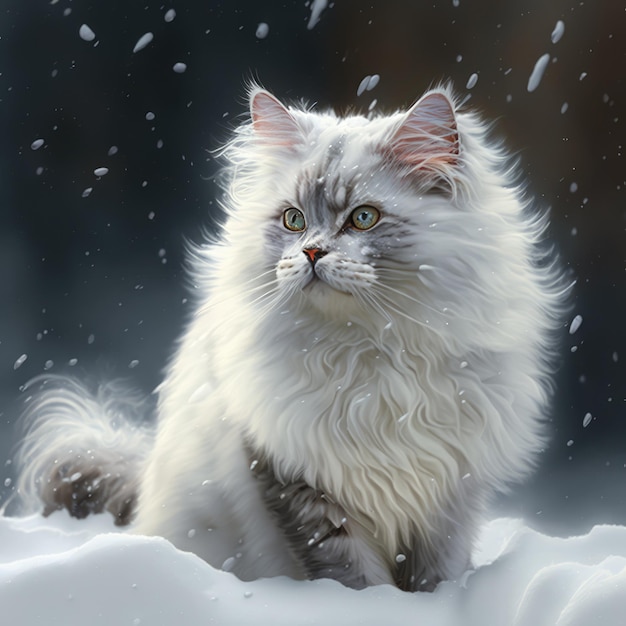 White haired cat under snow generative ai