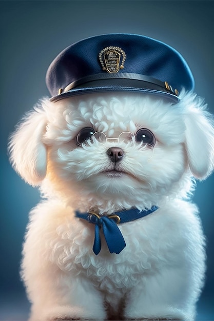 White haired dog with necklace blue hat AI generated