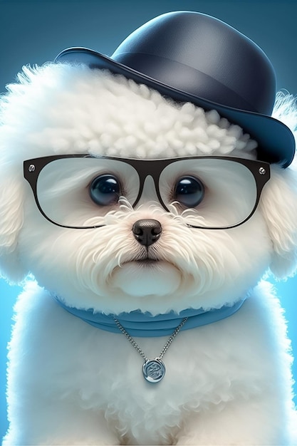 White haired dog with necklace blue hat AI generated