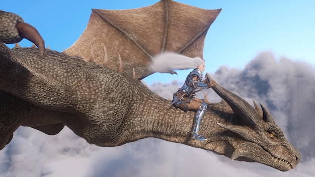Беловолосая женщина-воин-рыцарь летит на драконе над облакамиФантастическая сцена CGI-анимация 3d-рендеринг