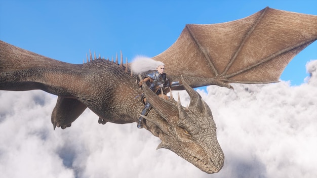 White haired female warrior knight flies on a dragon above the cloudsFantasy artwork scene CGI animation 3d rendering