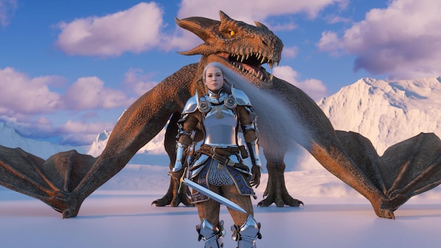 White haired female warrior knight stands with a drawn sword\
and a dragon behind against the backdrop of snow capped mountains\
fantasy artwork scene cgi animation 3d rendering