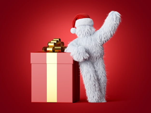 White hairy yeti in Santa Claus hat stands near the big gift box