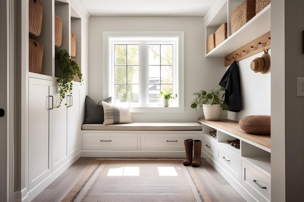 A white hallway with a bench and a window seat with a plant on the top.