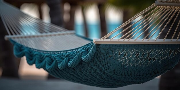 a white hammock with blue rope on a beach in the style of dark emerald and beige