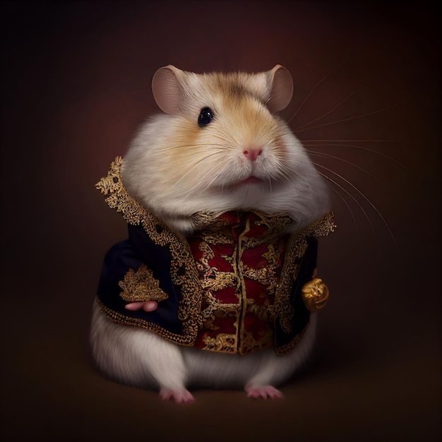 A white hamster dressed in a costume that says " the word hamster " on it.