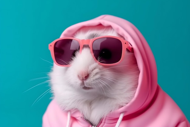 White hamster wearing a pink hoodie and sunglasses on a blue pastel background The concept of fun and fashion is minimal Generative AI