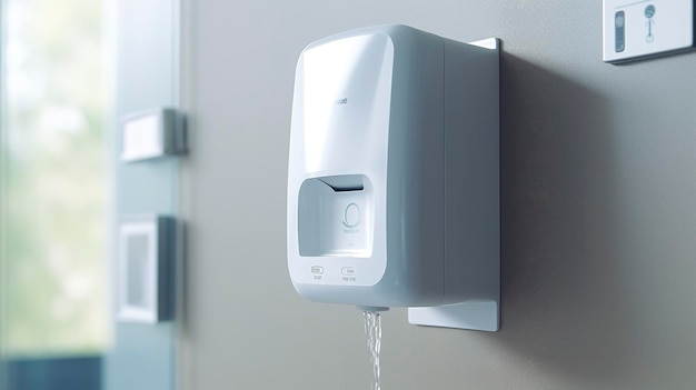 a white hand dryer is hanging on a wall