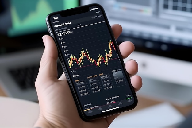 Белая рука с мобильным телефоном с графиком свечей на нем, нейронная сеть сгенерировала фотореалистичность
