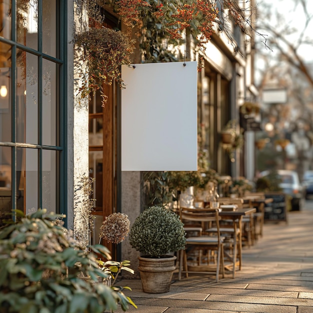 white hanging sign mockup outside shops