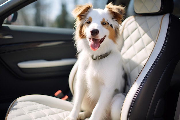A white happy border collie is sitting alone in the car on a leather chair