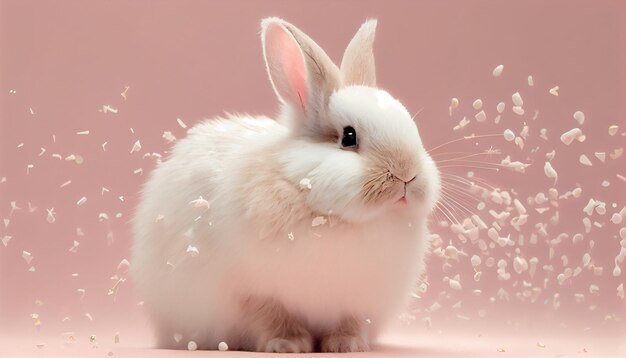 White happy easter fluffy bunny rabbit with snow