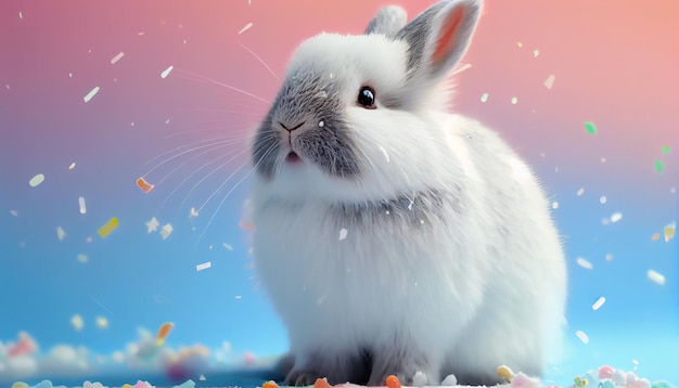 White happy easter fluffy bunny rabbit with snow